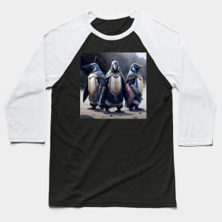 Knights of the Arctic: Penguin Trio Battles On Baseball T-Shirt